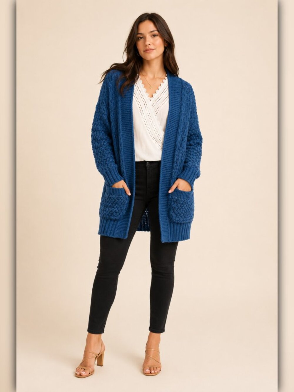 A624 • Cobalt Blue Cable Knit Open Front Longline Cardigan